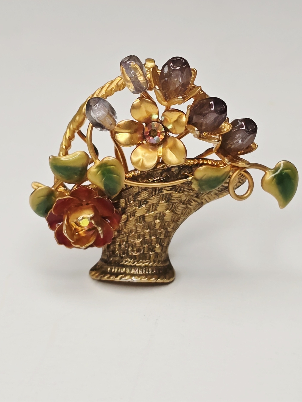 Gold-Tone Floral Basket Brooch with Red and Green Enamel Accents